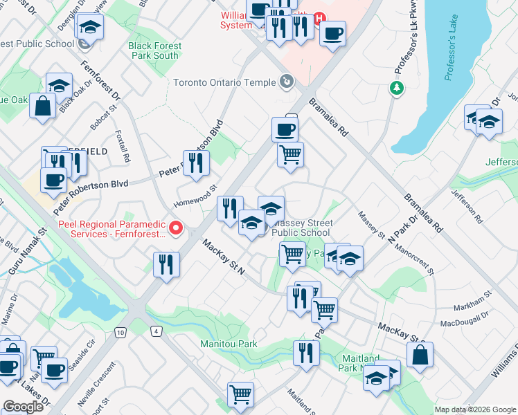 map of restaurants, bars, coffee shops, grocery stores, and more near 84 Marchbank Crescent in Brampton
