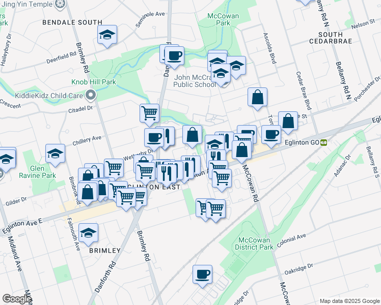 map of restaurants, bars, coffee shops, grocery stores, and more near 45 Trudelle Street in Toronto