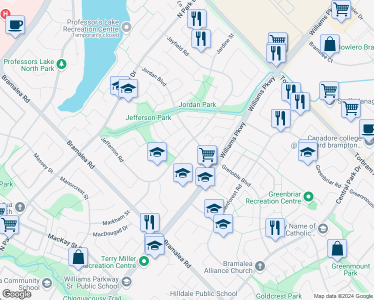 map of restaurants, bars, coffee shops, grocery stores, and more near 95 Jefferson Road in Brampton