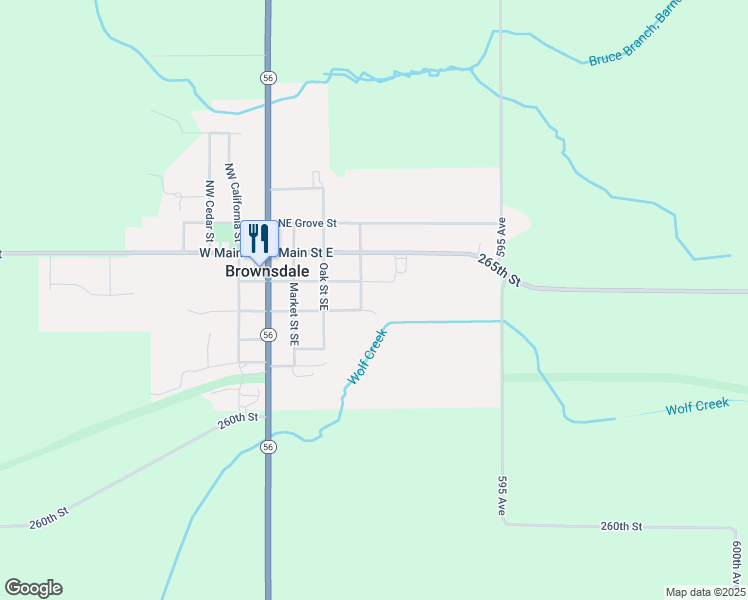 map of restaurants, bars, coffee shops, grocery stores, and more near 401 Pleasant Street Southeast in Brownsdale