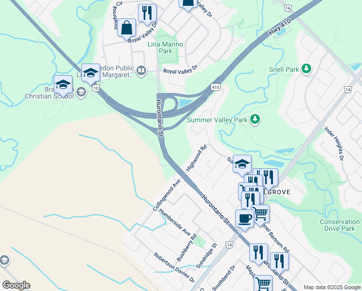 map of restaurants, bars, coffee shops, grocery stores, and more near 12231 Hurontario Street in Brampton