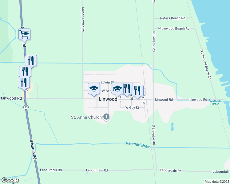 map of restaurants, bars, coffee shops, grocery stores, and more near 313 Edwin Street in Linwood