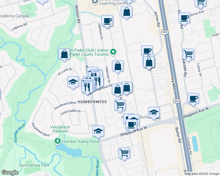 map of restaurants, bars, coffee shops, grocery stores, and more near 78 Rivalda Road in Toronto