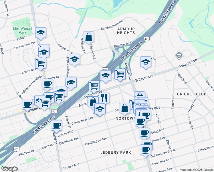 map of restaurants, bars, coffee shops, grocery stores, and more near 210 Wilson Avenue in Toronto