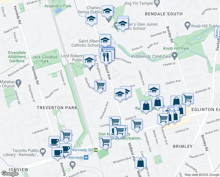 map of restaurants, bars, coffee shops, grocery stores, and more near 980 Midland Avenue in Toronto