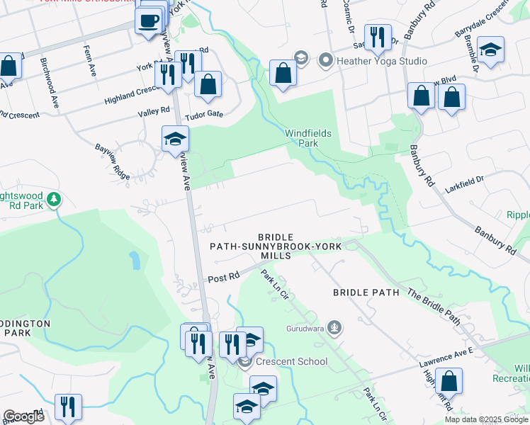 map of restaurants, bars, coffee shops, grocery stores, and more near 25 The Bridle Path in Toronto