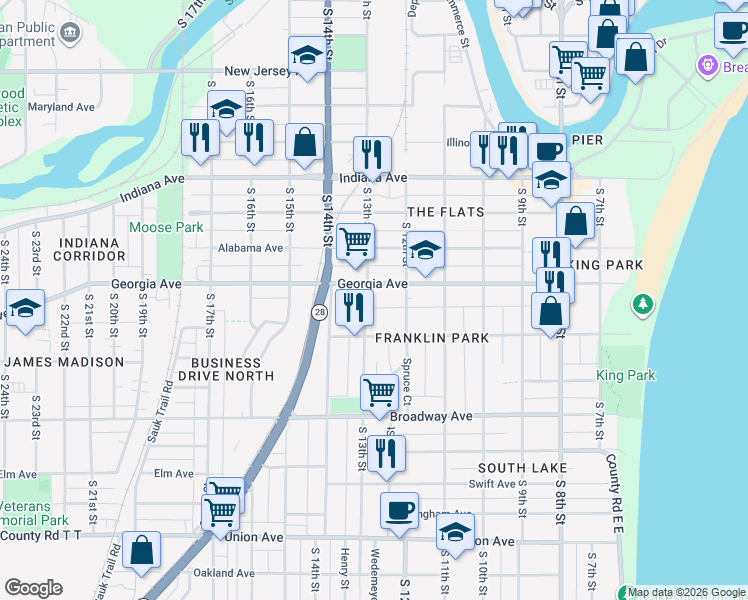 map of restaurants, bars, coffee shops, grocery stores, and more near 1332 South 13th Street in Sheboygan