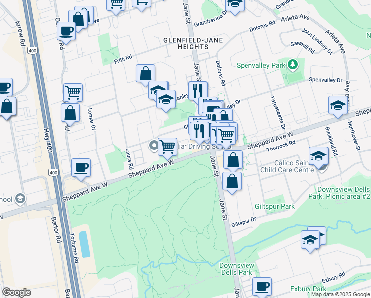 map of restaurants, bars, coffee shops, grocery stores, and more near 2000 Sheppard Avenue West in Toronto