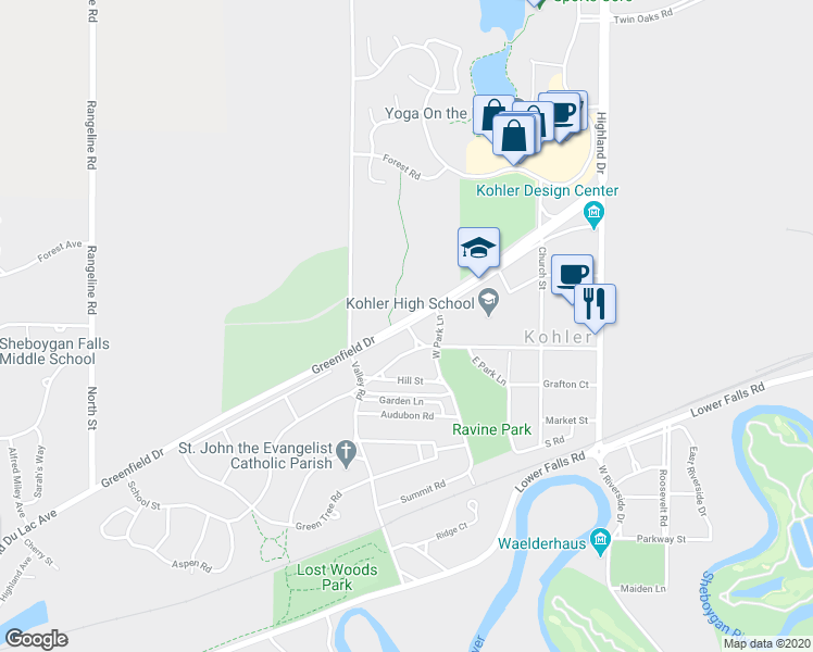 map of restaurants, bars, coffee shops, grocery stores, and more near 999 Oakly Street in Kohler