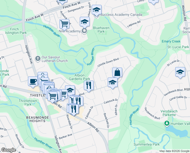 map of restaurants, bars, coffee shops, grocery stores, and more near 238 Thistle Down Boulevard in Toronto
