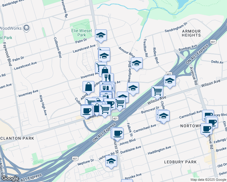 map of restaurants, bars, coffee shops, grocery stores, and more near 12 Wendy Crescent in Toronto