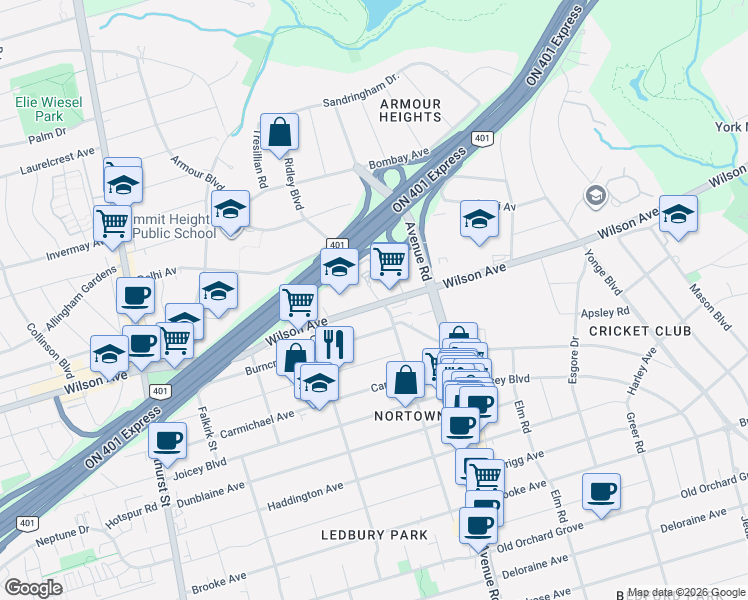 map of restaurants, bars, coffee shops, grocery stores, and more near 265 Ridley Boulevard in Toronto