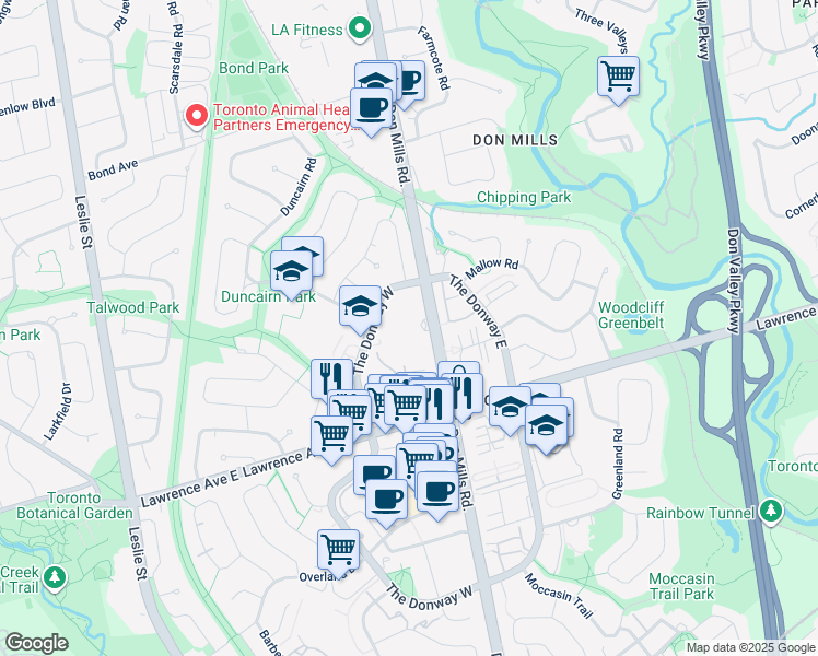 map of restaurants, bars, coffee shops, grocery stores, and more near 1210 Don Mills Road in Toronto