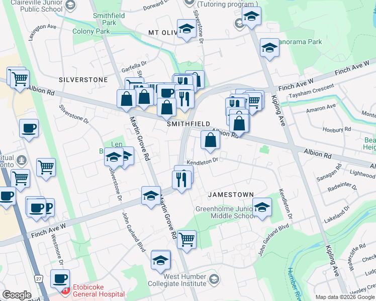 map of restaurants, bars, coffee shops, grocery stores, and more near 172 Finch Avenue West in Toronto