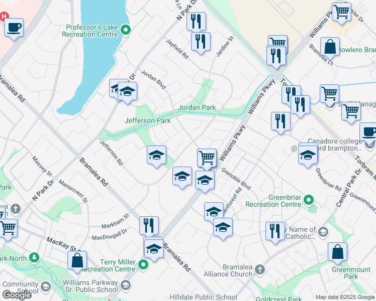 map of restaurants, bars, coffee shops, grocery stores, and more near in Brampton