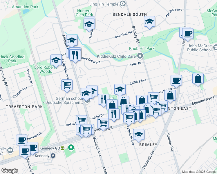 map of restaurants, bars, coffee shops, grocery stores, and more near 31 Chillery Avenue in Toronto