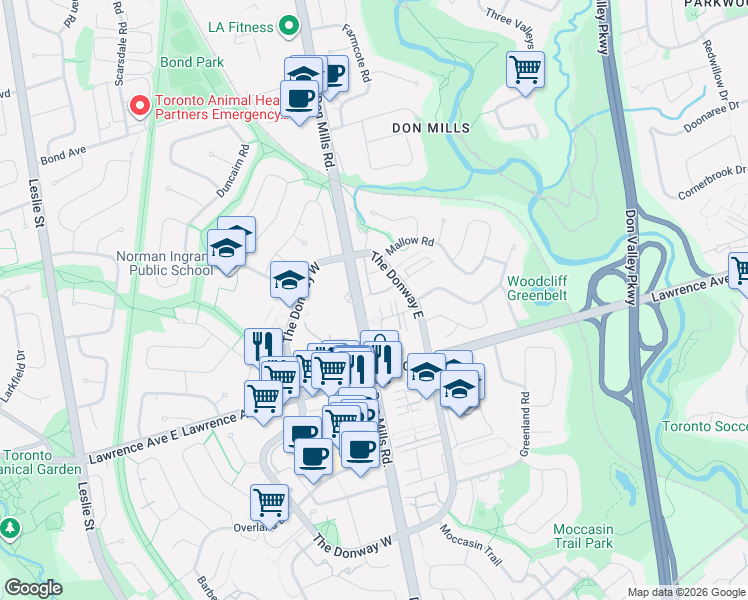 map of restaurants, bars, coffee shops, grocery stores, and more near 70 Dutch Myrtle Way in Toronto