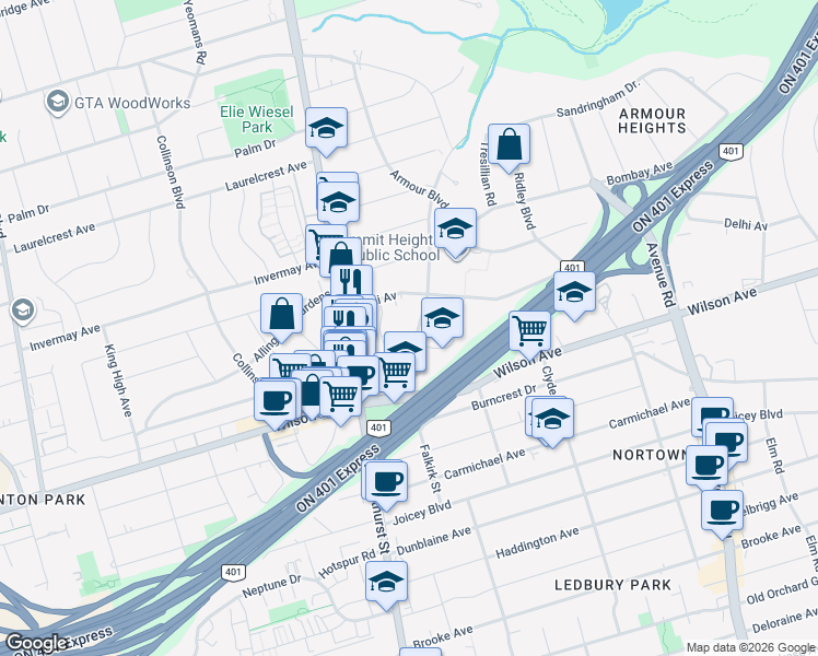 map of restaurants, bars, coffee shops, grocery stores, and more near 28 Westgate Boulevard in Toronto