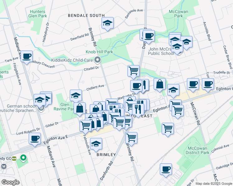 map of restaurants, bars, coffee shops, grocery stores, and more near 7 Strode Drive in Toronto