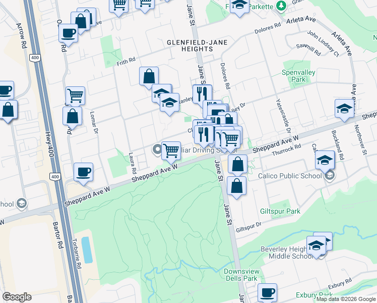 map of restaurants, bars, coffee shops, grocery stores, and more near 2000 Sheppard Avenue West in Toronto