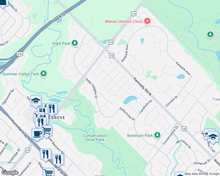 map of restaurants, bars, coffee shops, grocery stores, and more near 14 Spring Snow Road in Brampton