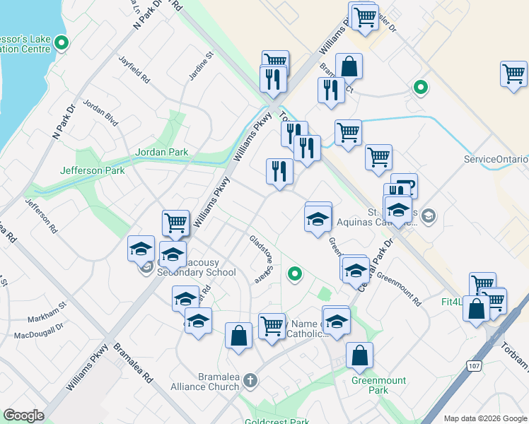 map of restaurants, bars, coffee shops, grocery stores, and more near 99 Greenbriar Road in Brampton