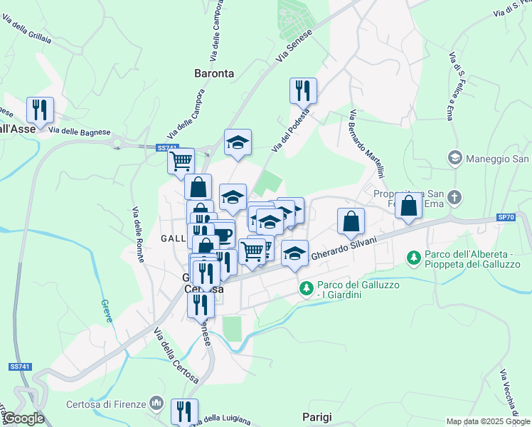 map of restaurants, bars, coffee shops, grocery stores, and more near 12 Via Cammillo Barni in Firenze