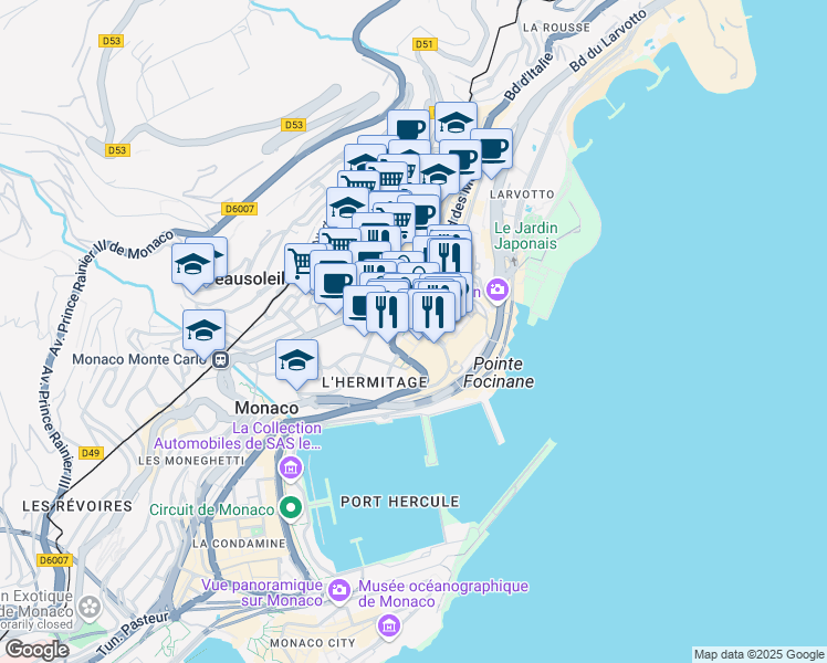 map of restaurants, bars, coffee shops, grocery stores, and more near in Monaco