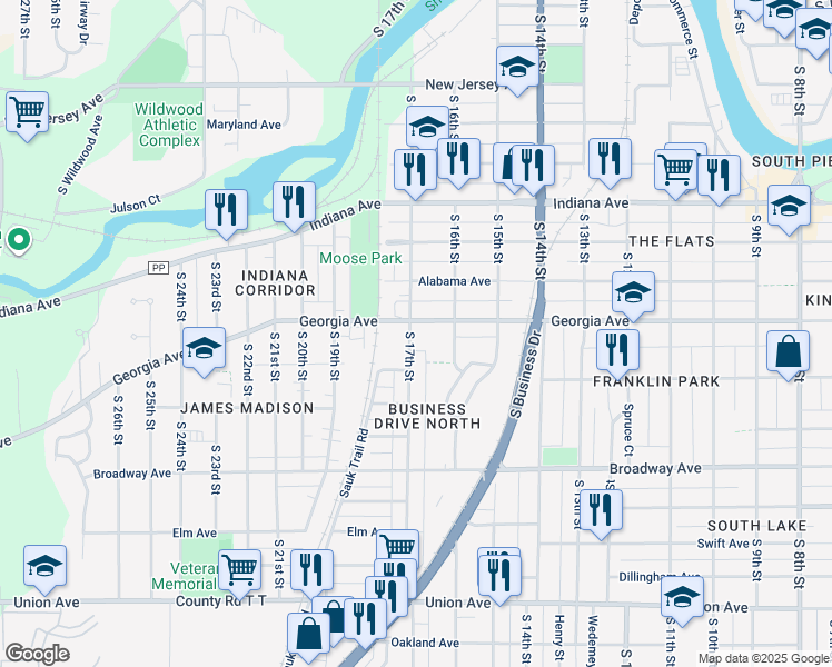map of restaurants, bars, coffee shops, grocery stores, and more near 1632 Georgia Avenue in Sheboygan