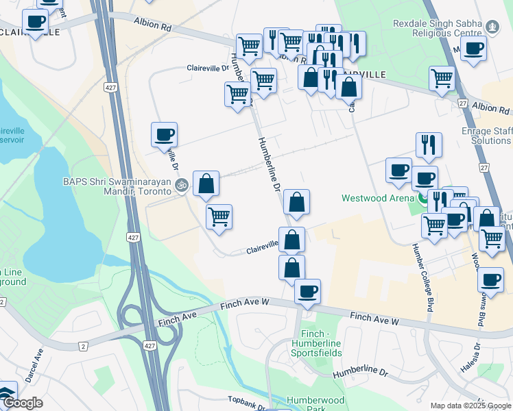 map of restaurants, bars, coffee shops, grocery stores, and more near in Toronto