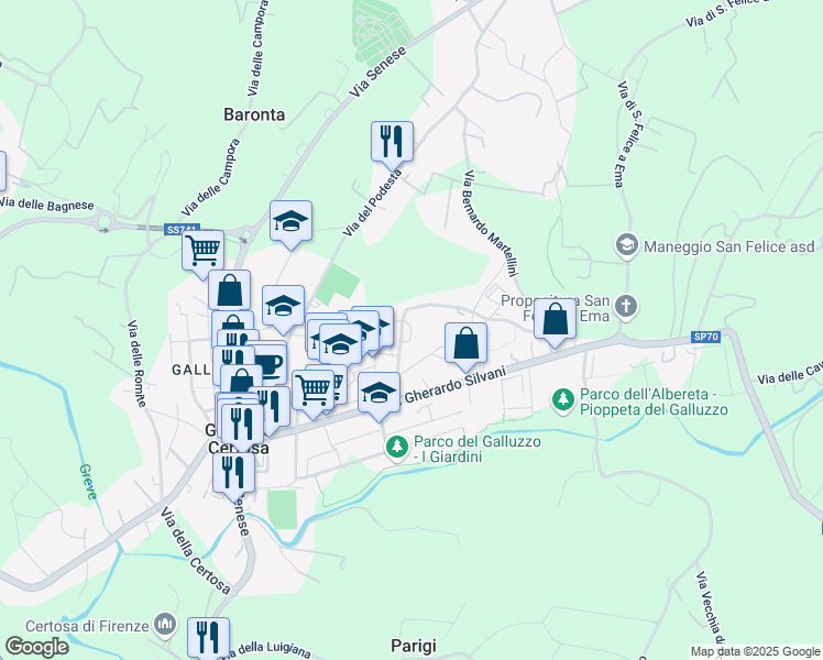 map of restaurants, bars, coffee shops, grocery stores, and more near 12 Via Camillo Barni in Florence