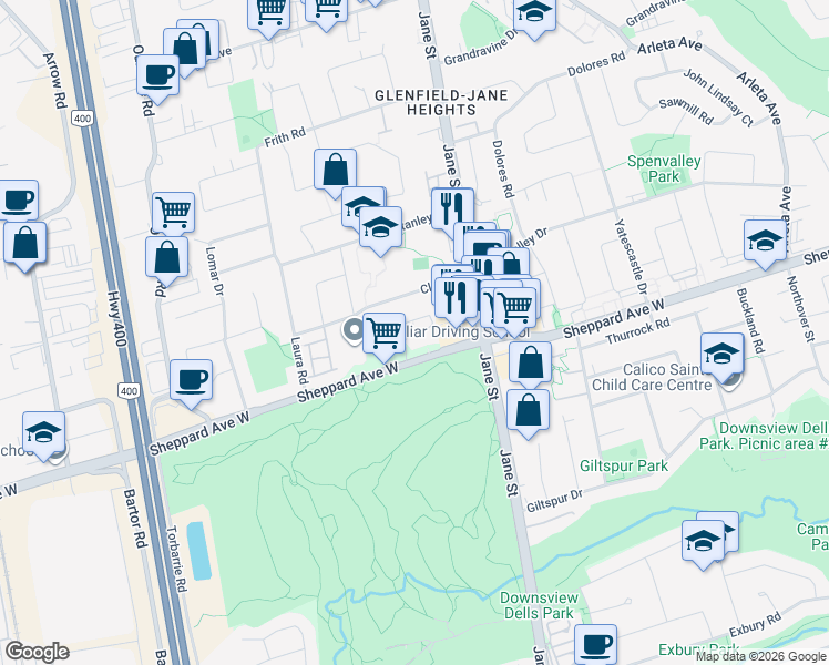 map of restaurants, bars, coffee shops, grocery stores, and more near in Toronto