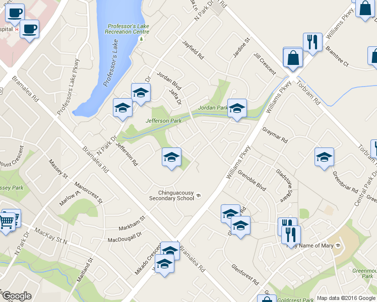 map of restaurants, bars, coffee shops, grocery stores, and more near 2 Jeffrey Street in Brampton