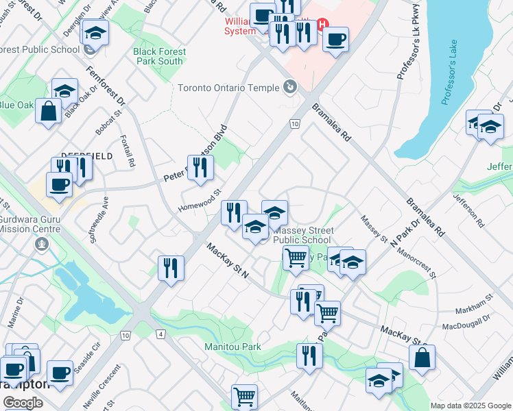 map of restaurants, bars, coffee shops, grocery stores, and more near 103 Marblehead Crescent in Brampton
