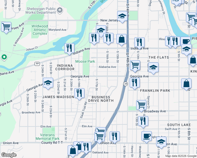 map of restaurants, bars, coffee shops, grocery stores, and more near 1632 Georgia Avenue in Sheboygan