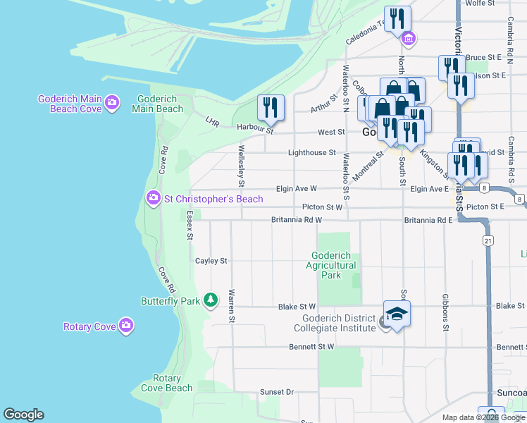 map of restaurants, bars, coffee shops, grocery stores, and more near 190 Picton Street West in Goderich