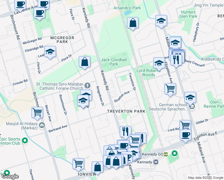 map of restaurants, bars, coffee shops, grocery stores, and more near 877 Kennedy Road in Toronto