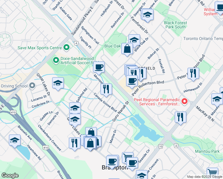 map of restaurants, bars, coffee shops, grocery stores, and more near 101 Morningmist Street in Brampton