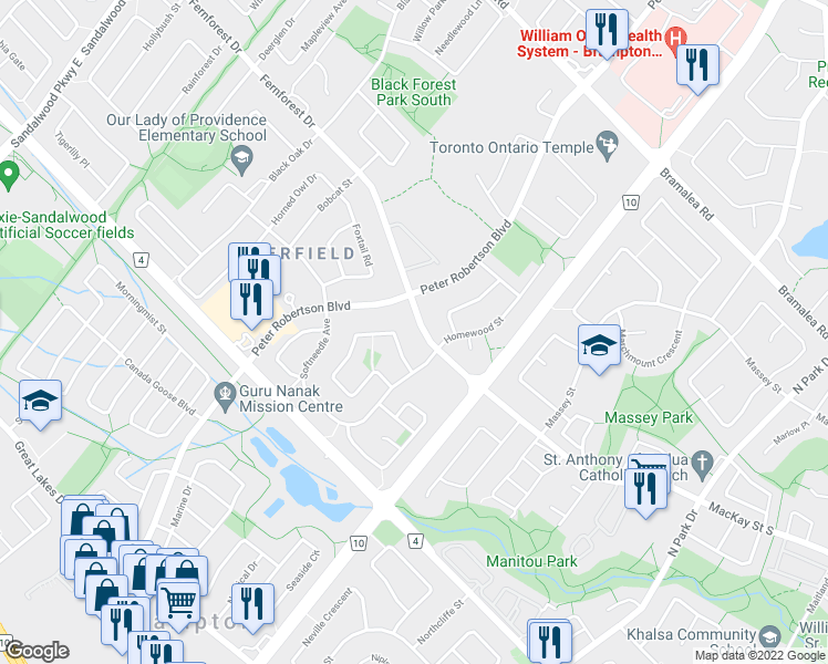 map of restaurants, bars, coffee shops, grocery stores, and more near 134 Fernforest Drive in Brampton