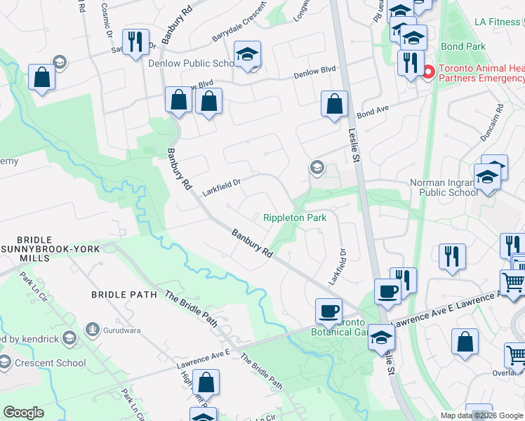 map of restaurants, bars, coffee shops, grocery stores, and more near 5 Bixby Court in Toronto