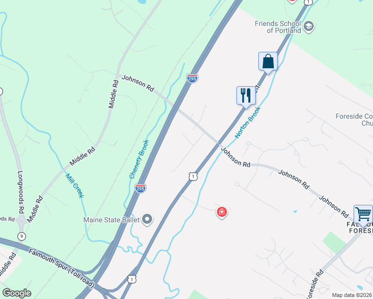 map of restaurants, bars, coffee shops, grocery stores, and more near 4 Woodward Lane in Falmouth