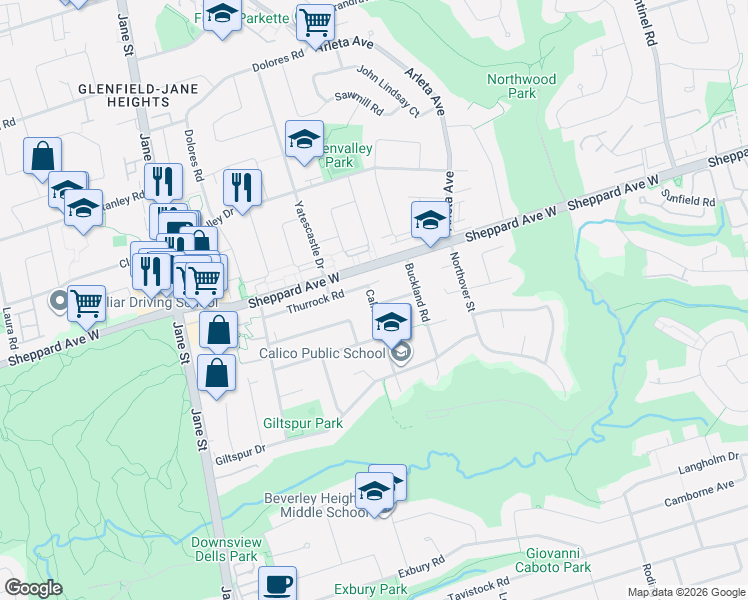 map of restaurants, bars, coffee shops, grocery stores, and more near 57 Calico Drive in Toronto