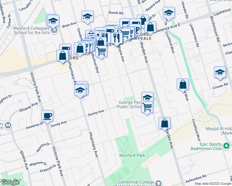map of restaurants, bars, coffee shops, grocery stores, and more near in Toronto