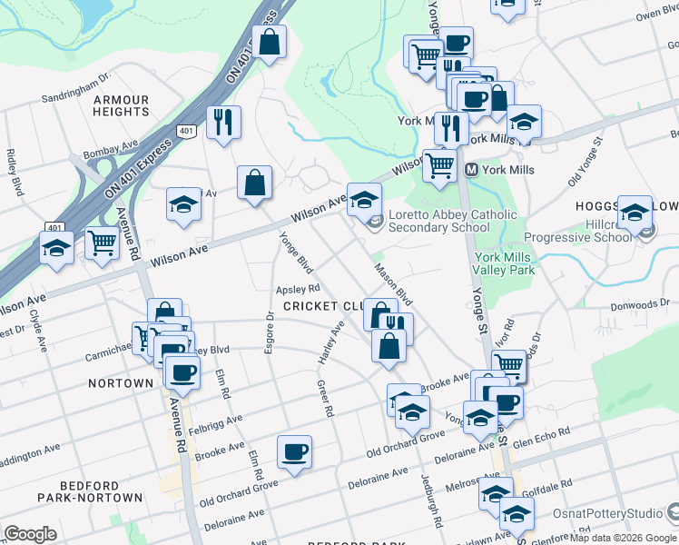 map of restaurants, bars, coffee shops, grocery stores, and more near 72 De Vere Gardens in Toronto