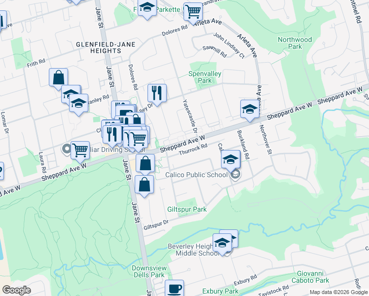 map of restaurants, bars, coffee shops, grocery stores, and more near 38 Thurrock Road in Toronto