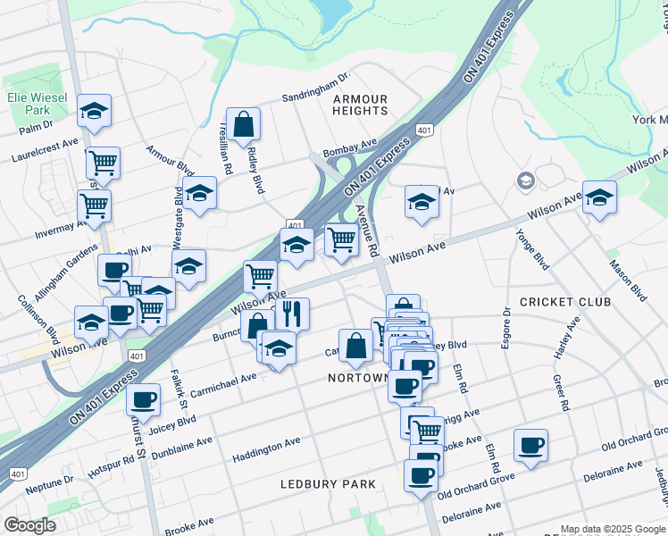 map of restaurants, bars, coffee shops, grocery stores, and more near in Toronto