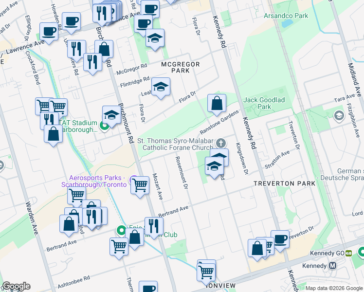 map of restaurants, bars, coffee shops, grocery stores, and more near in Toronto
