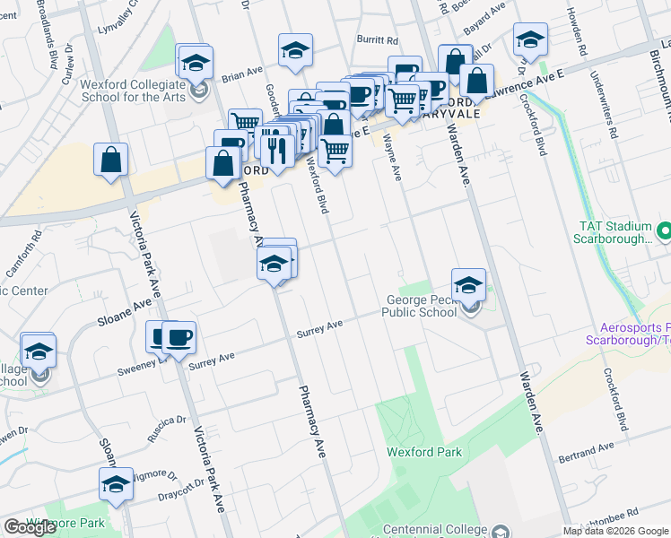 map of restaurants, bars, coffee shops, grocery stores, and more near 70 Wexford Boulevard in Toronto