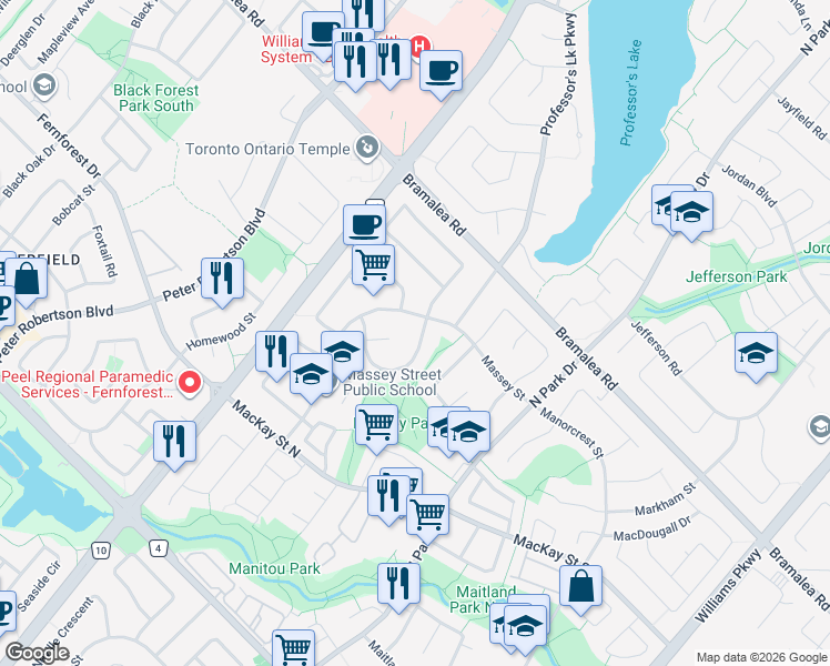 map of restaurants, bars, coffee shops, grocery stores, and more near in Brampton