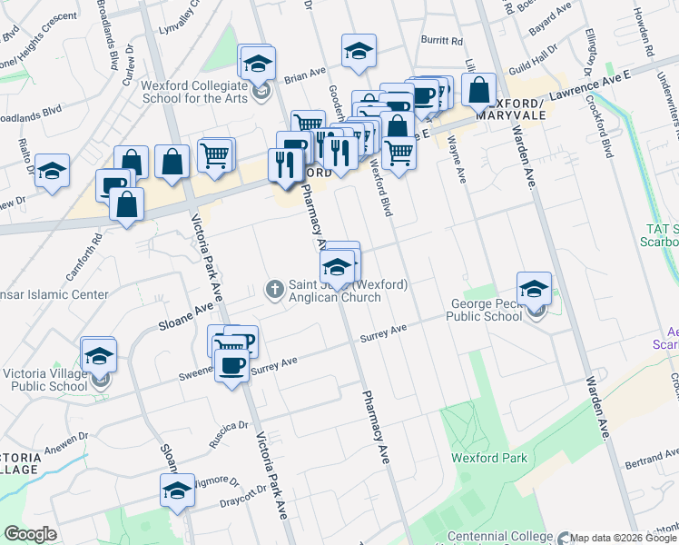 map of restaurants, bars, coffee shops, grocery stores, and more near 1045 Pharmacy Avenue in Toronto